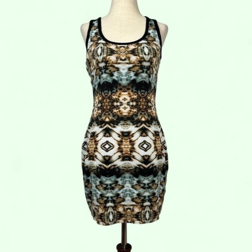 Y2K Vivienne Tam Abstract Grunge Bodycon Mini Dress Womens XS Boho Animal Print